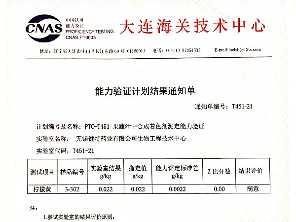 2021年度组织的PTC-451果蔬汁中合成着色剂测定能力验证